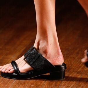 JASON WU BUCKLED DOUBLE BAND TEXTURED BLACK LEATHER SLIP ON MULE SANDAL HEELS